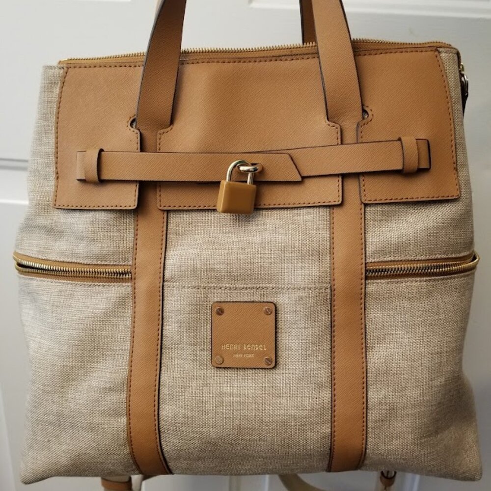 Henri Bendel Convertible Jetsetter Bag; tan leather and beige tweed